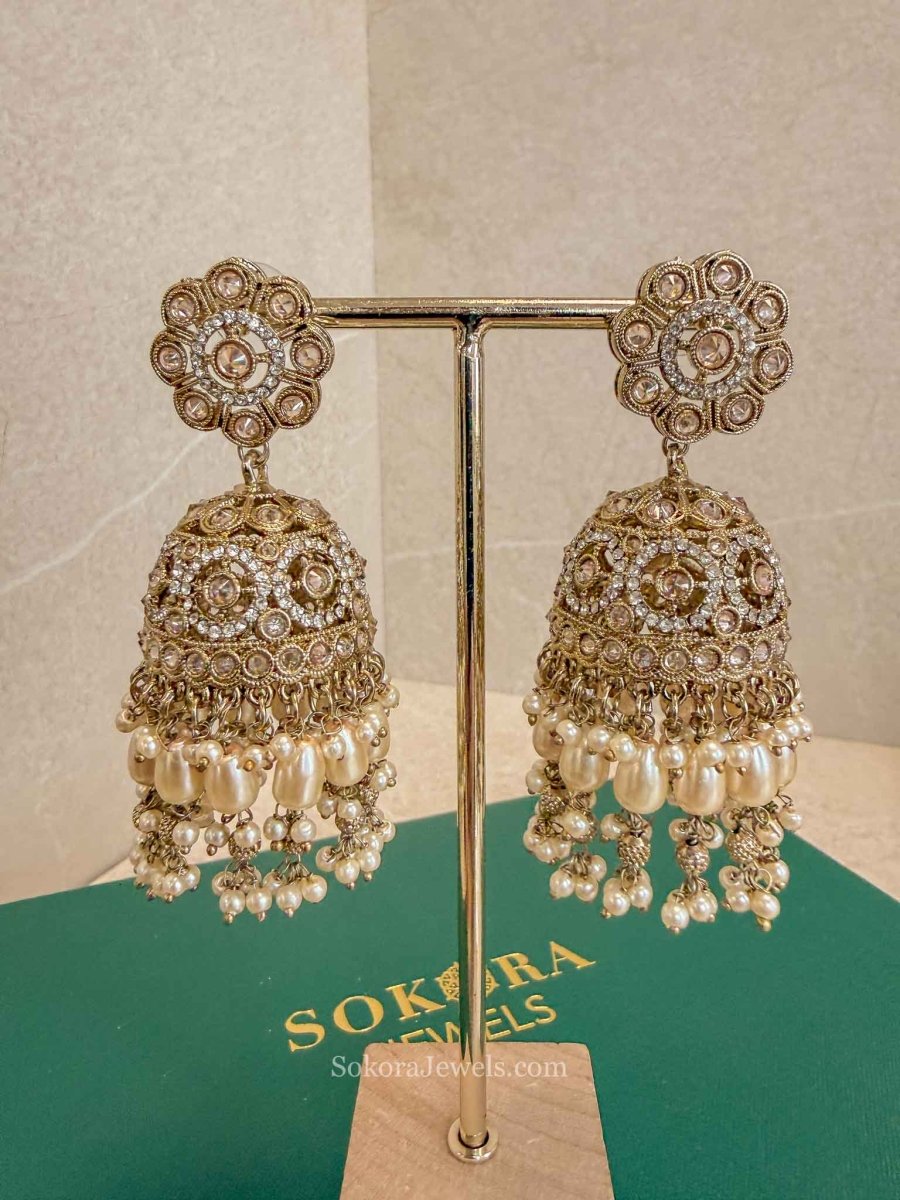 Antique Gold Mixed Zircon Statement Jhumkas - SOKORA JEWELSAntique Gold Mixed Zircon Statement Jhumkas