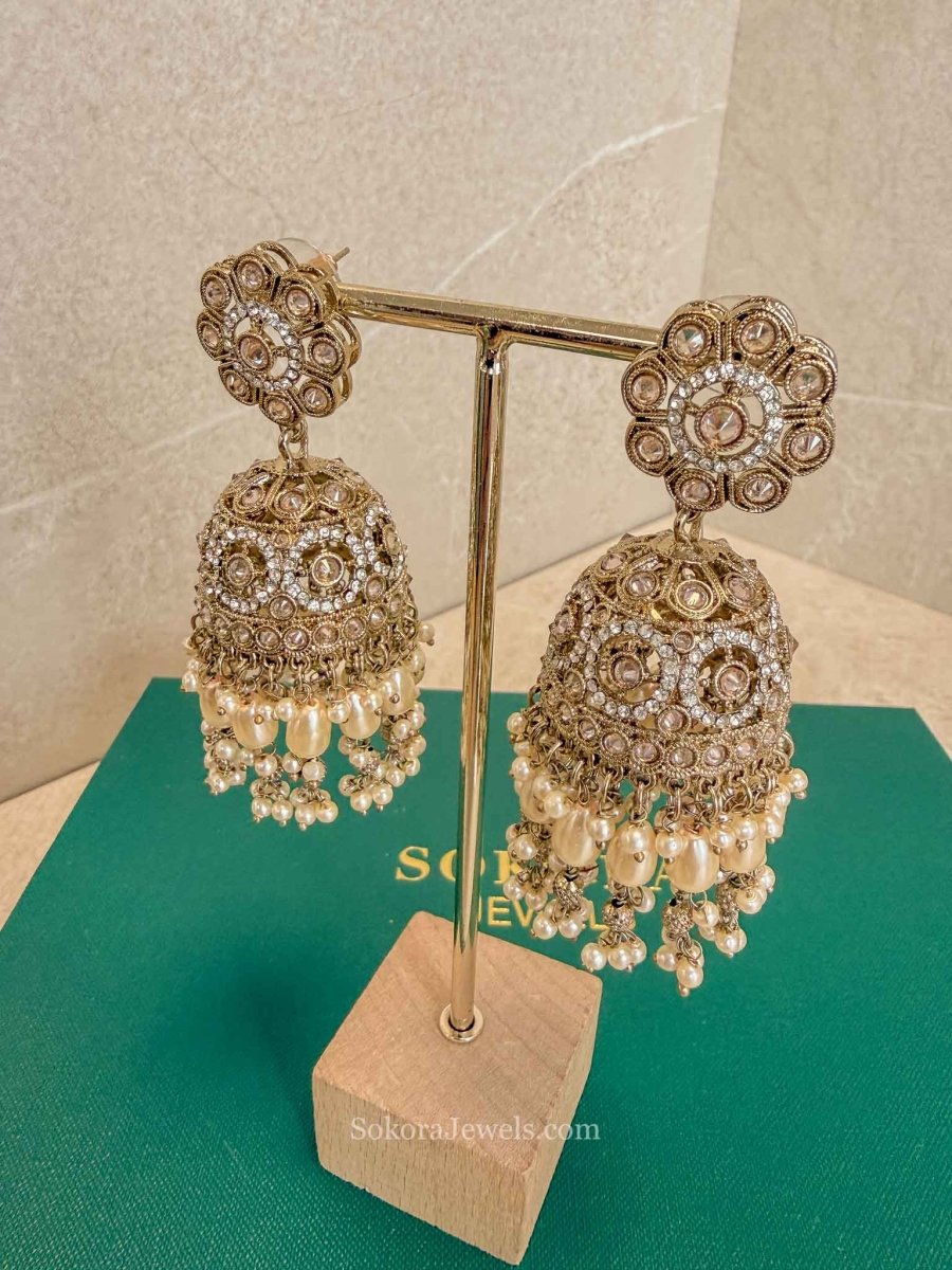 Antique Gold Mixed Zircon Statement Jhumkas - SOKORA JEWELSAntique Gold Mixed Zircon Statement Jhumkas