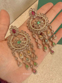 Antique Gold Multicolour Zircon Chandbali Earrings - SOKORA JEWELSAntique Gold Multicolour Zircon Chandbali Earrings