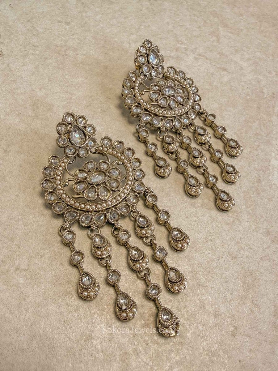 Antique Gold Multicolour Zircon Chandbali Earrings - SOKORA JEWELSAntique Gold Multicolour Zircon Chandbali Earrings