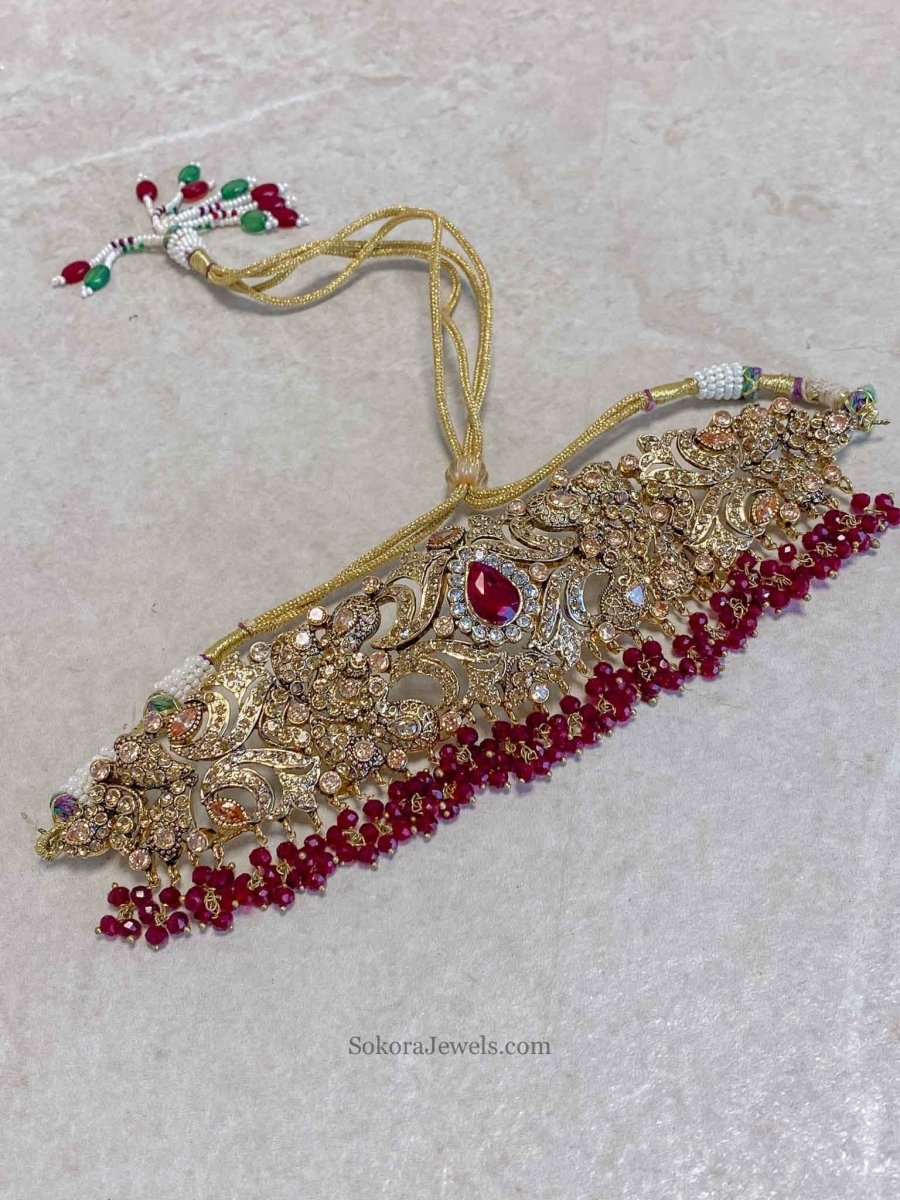 Antique Gold Necklace - Maroon - SOKORA JEWELSAntique Gold Necklace - MaroonChoker Sets