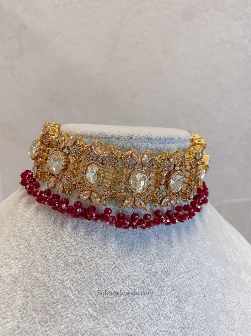 Antique Gold Necklace - Maroon - SOKORA JEWELSAntique Gold Necklace - MaroonChoker Sets