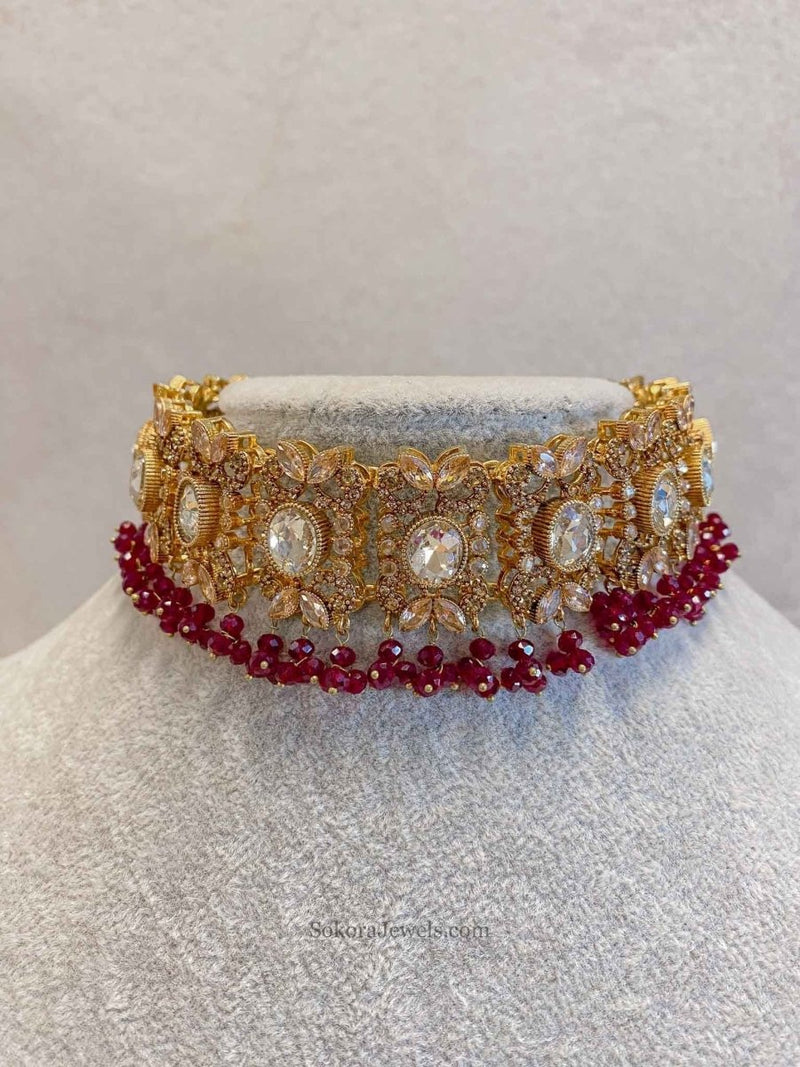 Antique Gold Necklace - Maroon - SOKORA JEWELSAntique Gold Necklace - MaroonChoker Sets