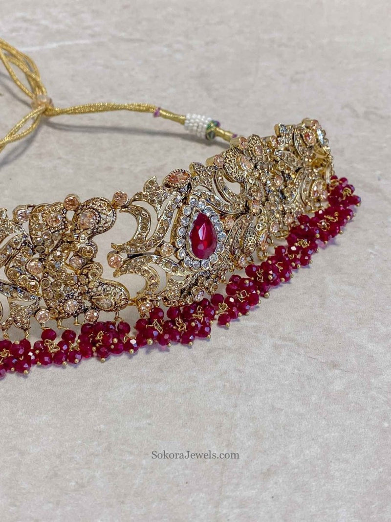 Antique Gold Necklace - Maroon - SOKORA JEWELSAntique Gold Necklace - MaroonChoker Sets