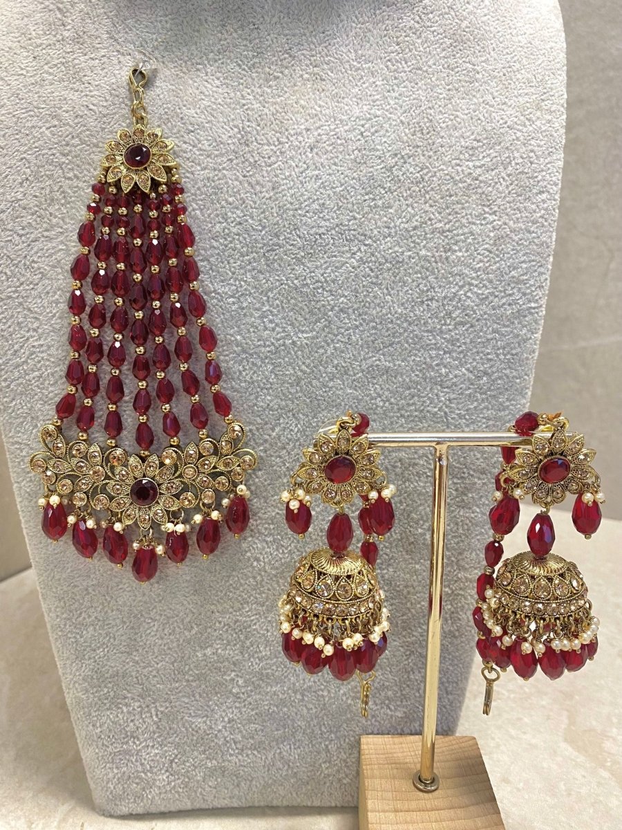 Antique Gold Necklace Set - Maroon - SOKORA JEWELSAntique Gold Necklace Set - Maroon