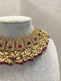 Antique Gold Necklace Set - Maroon - SOKORA JEWELSAntique Gold Necklace Set - Maroon