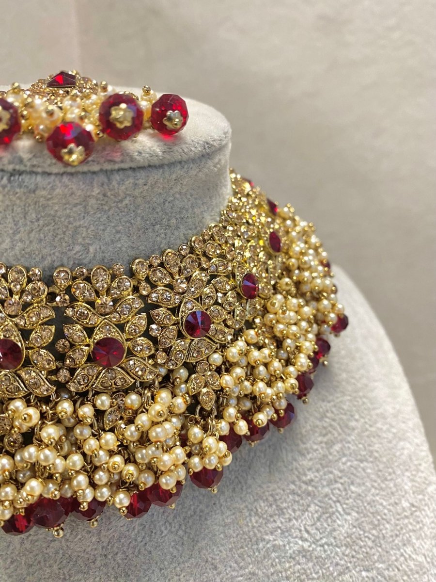 Antique Gold Necklace Set - Maroon - SOKORA JEWELSAntique Gold Necklace Set - Maroon