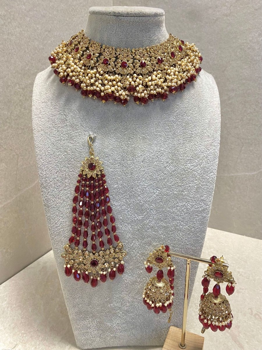 Antique Gold Necklace Set - Maroon - SOKORA JEWELSAntique Gold Necklace Set - Maroon