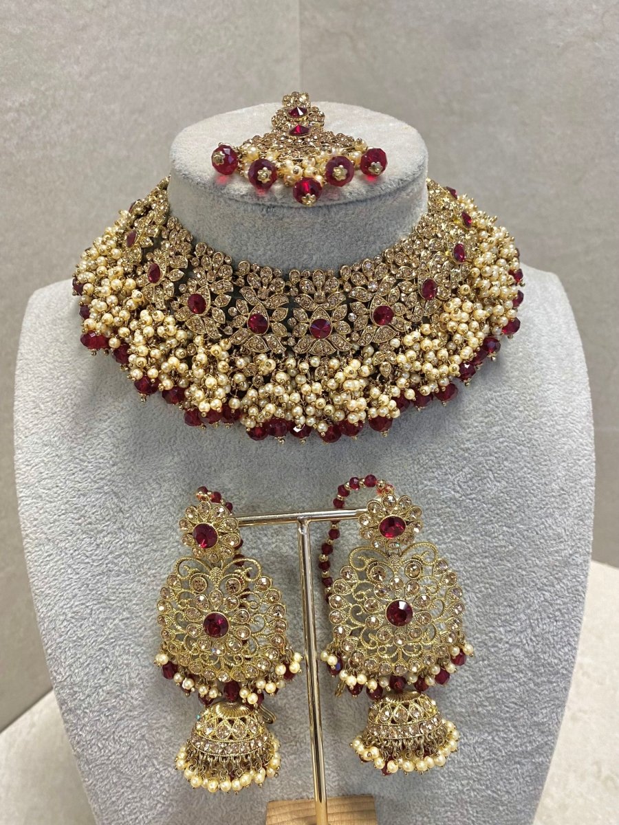 Antique Gold Necklace Set - Maroon - SOKORA JEWELSAntique Gold Necklace Set - Maroon