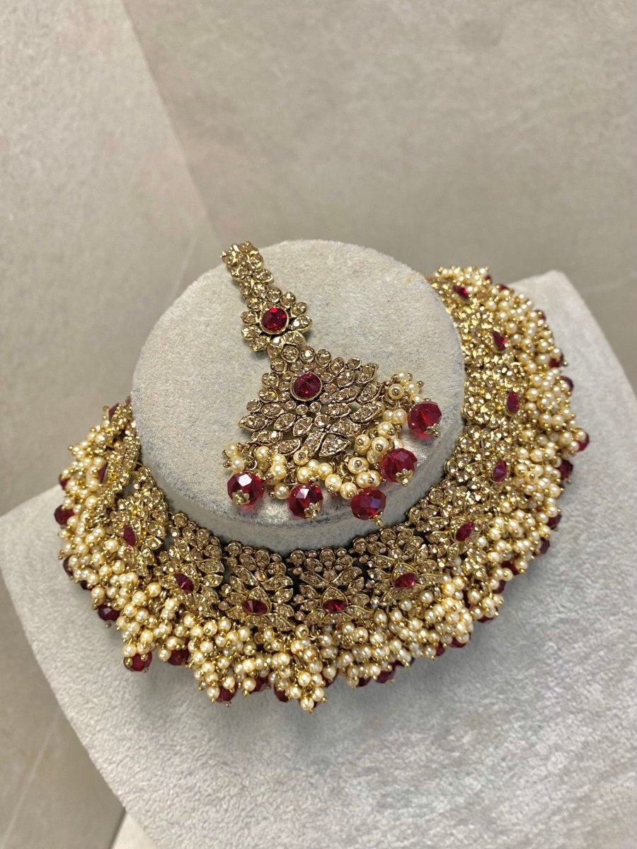 Antique Gold Necklace Set - Maroon - SOKORA JEWELSAntique Gold Necklace Set - Maroon
