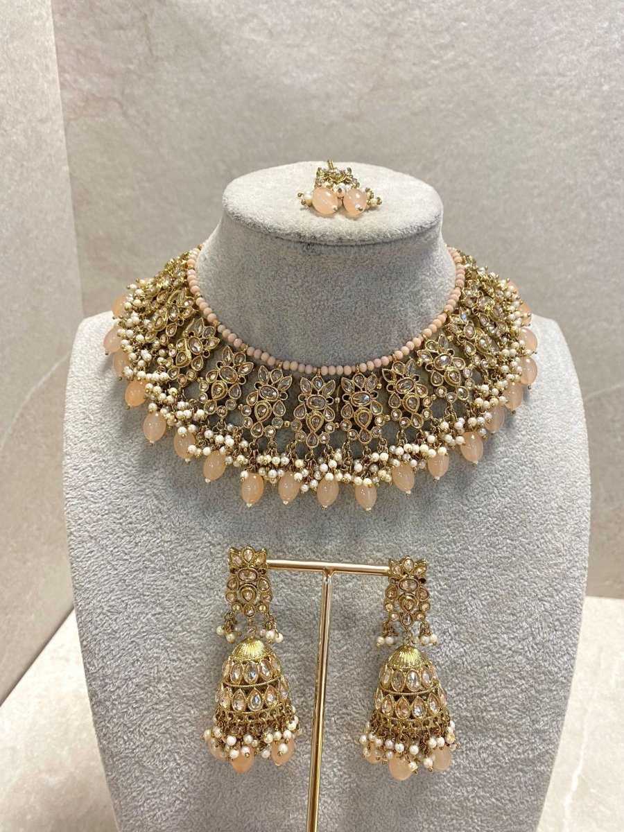 Antique Gold Necklace Set - Peach - SOKORA JEWELSAntique Gold Necklace Set - Peach