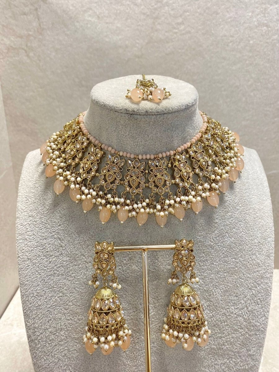 Antique Gold Necklace Set - Peach - SOKORA JEWELSAntique Gold Necklace Set - Peach