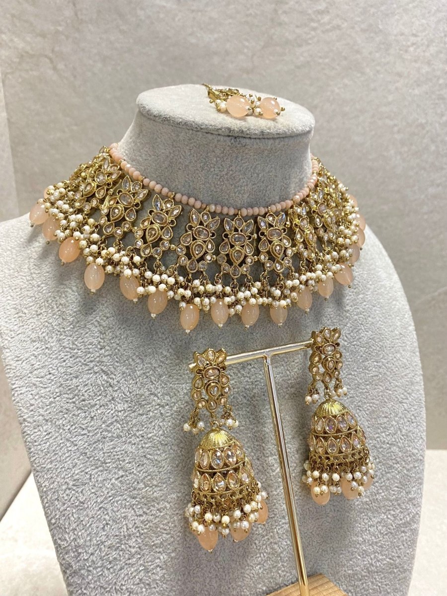 Antique Gold Necklace Set - Peach - SOKORA JEWELSAntique Gold Necklace Set - Peach
