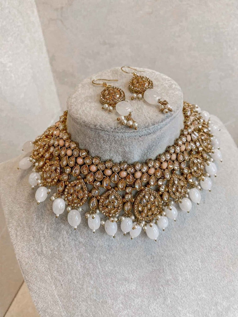 Antique Gold Necklace Set - Peach/Stone - SOKORA JEWELSAntique Gold Necklace Set - Peach/StoneNECKLACE SETS