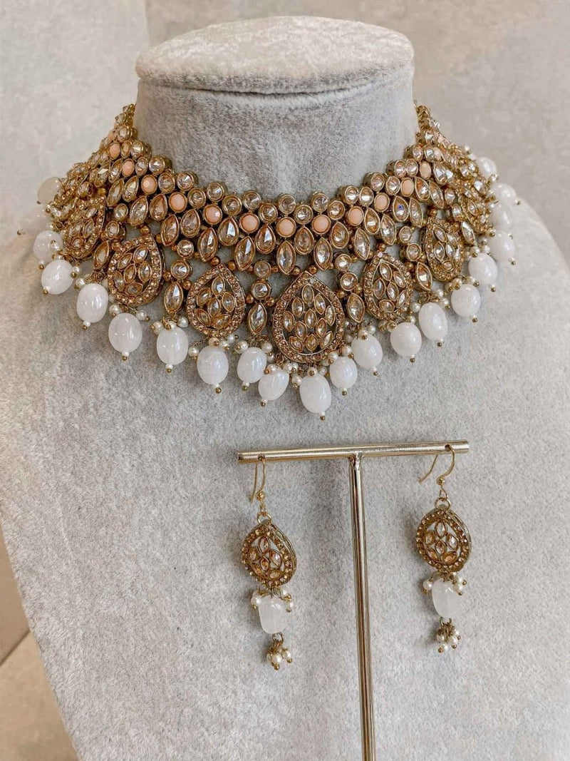 Antique Gold Necklace Set - Peach/Stone - SOKORA JEWELSAntique Gold Necklace Set - Peach/StoneNECKLACE SETS