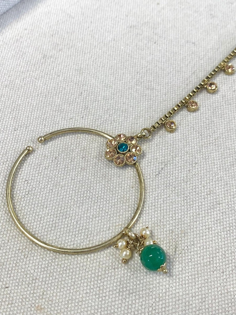 Antique Gold Nose Ring - Green (Slide Type) - SOKORA JEWELSAntique Gold Nose Ring - Green (Slide Type)