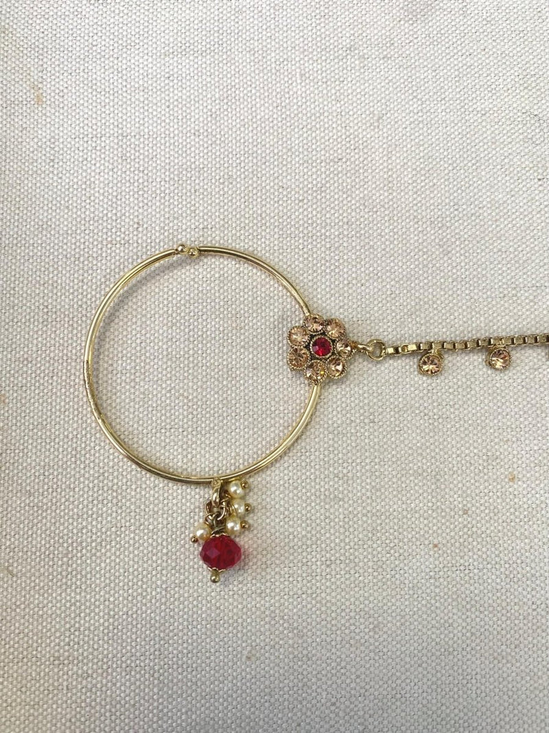 Antique Gold Nose Ring - Maroon (Slide Type) - SOKORA JEWELSAntique Gold Nose Ring - Maroon (Slide Type)