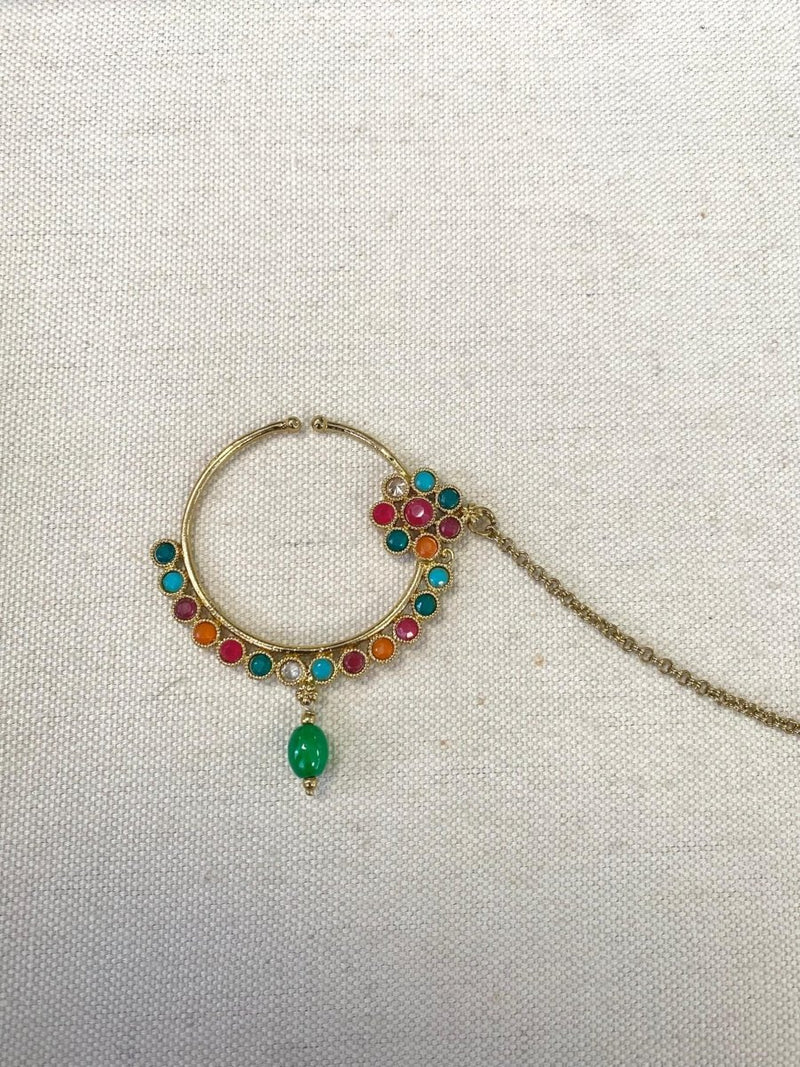 Antique Gold Nose Ring - Multicolour (Slide Type) - SOKORA JEWELSAntique Gold Nose Ring - Multicolour (Slide Type)