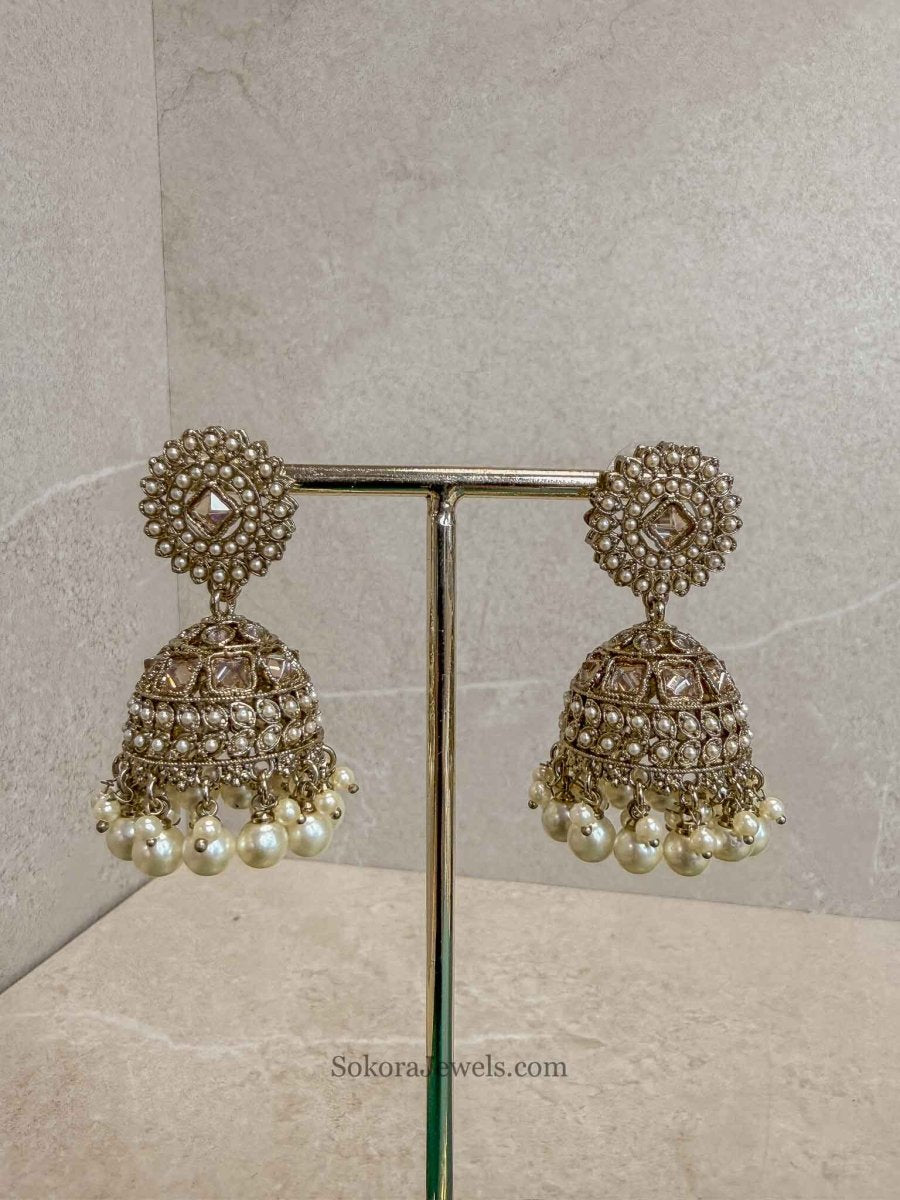 Antique Gold & Pearl Bead Jhumka Earrings - SOKORA JEWELSAntique Gold & Pearl Bead Jhumka Earrings