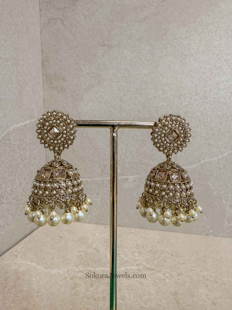 Antique Gold & Pearl Bead Jhumka Earrings - SOKORA JEWELSAntique Gold & Pearl Bead Jhumka Earrings