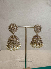 Antique Gold & Pearl Bead Jhumka Earrings - SOKORA JEWELSAntique Gold & Pearl Bead Jhumka Earrings