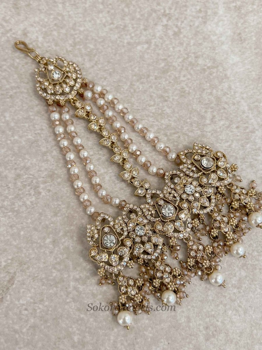 Antique Gold Pearl Bridal Jhumar - SOKORA JEWELSAntique Gold Pearl Bridal Jhumar