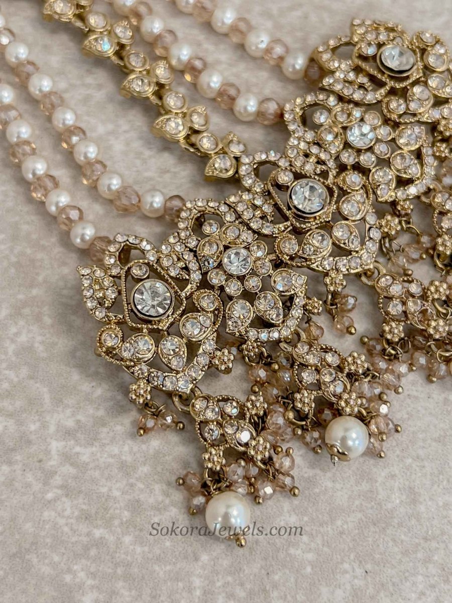 Antique Gold Pearl Bridal Jhumar - SOKORA JEWELSAntique Gold Pearl Bridal Jhumar