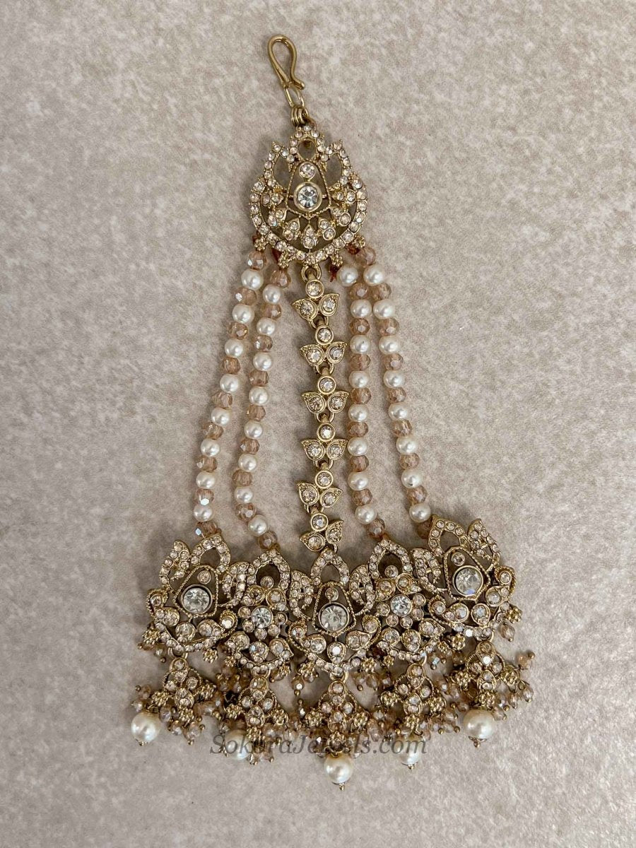 Antique Gold Pearl Bridal Jhumar - SOKORA JEWELSAntique Gold Pearl Bridal Jhumar