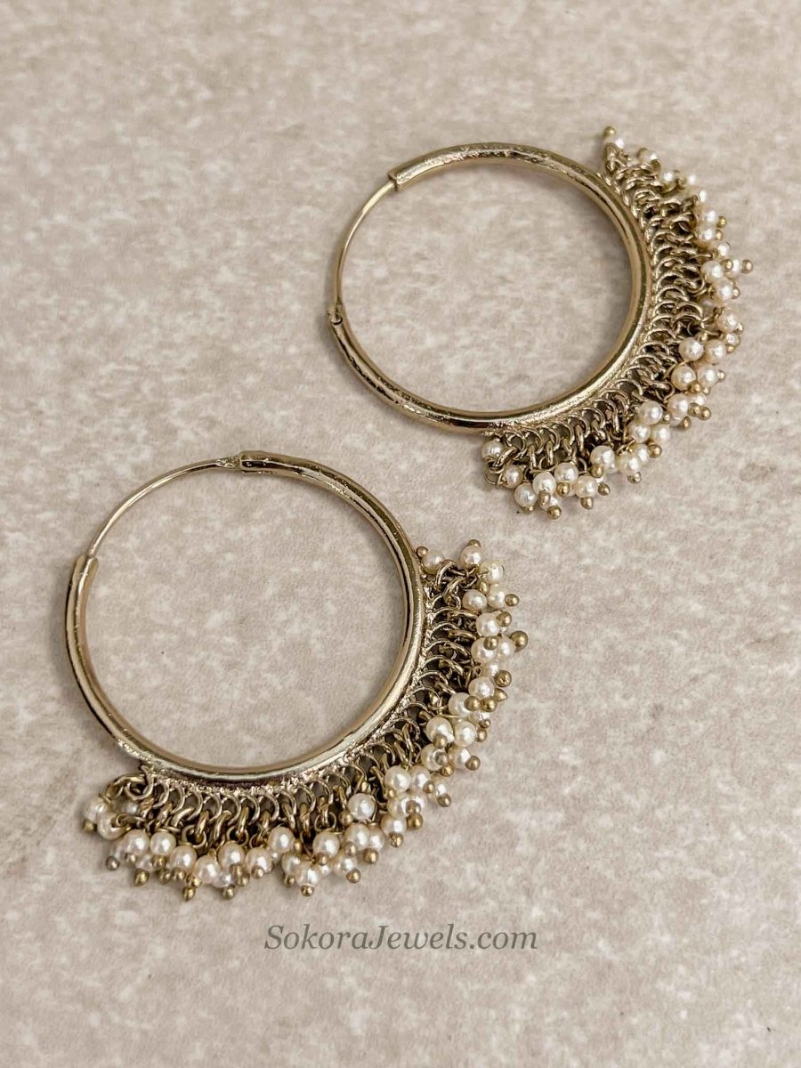 Antique Gold Pearl Hoop Earrings - SOKORA JEWELSAntique Gold Pearl Hoop Earrings