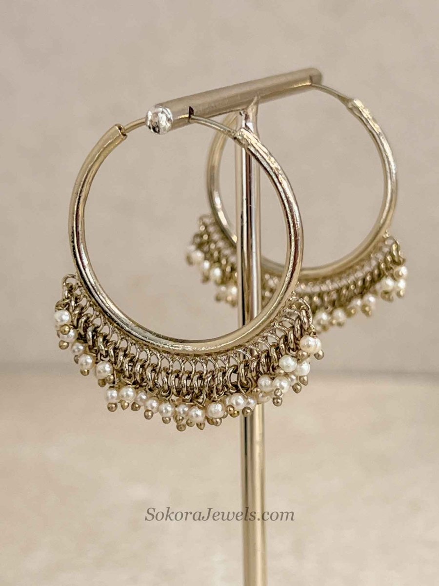 Antique Gold Pearl Hoop Earrings - SOKORA JEWELSAntique Gold Pearl Hoop Earrings