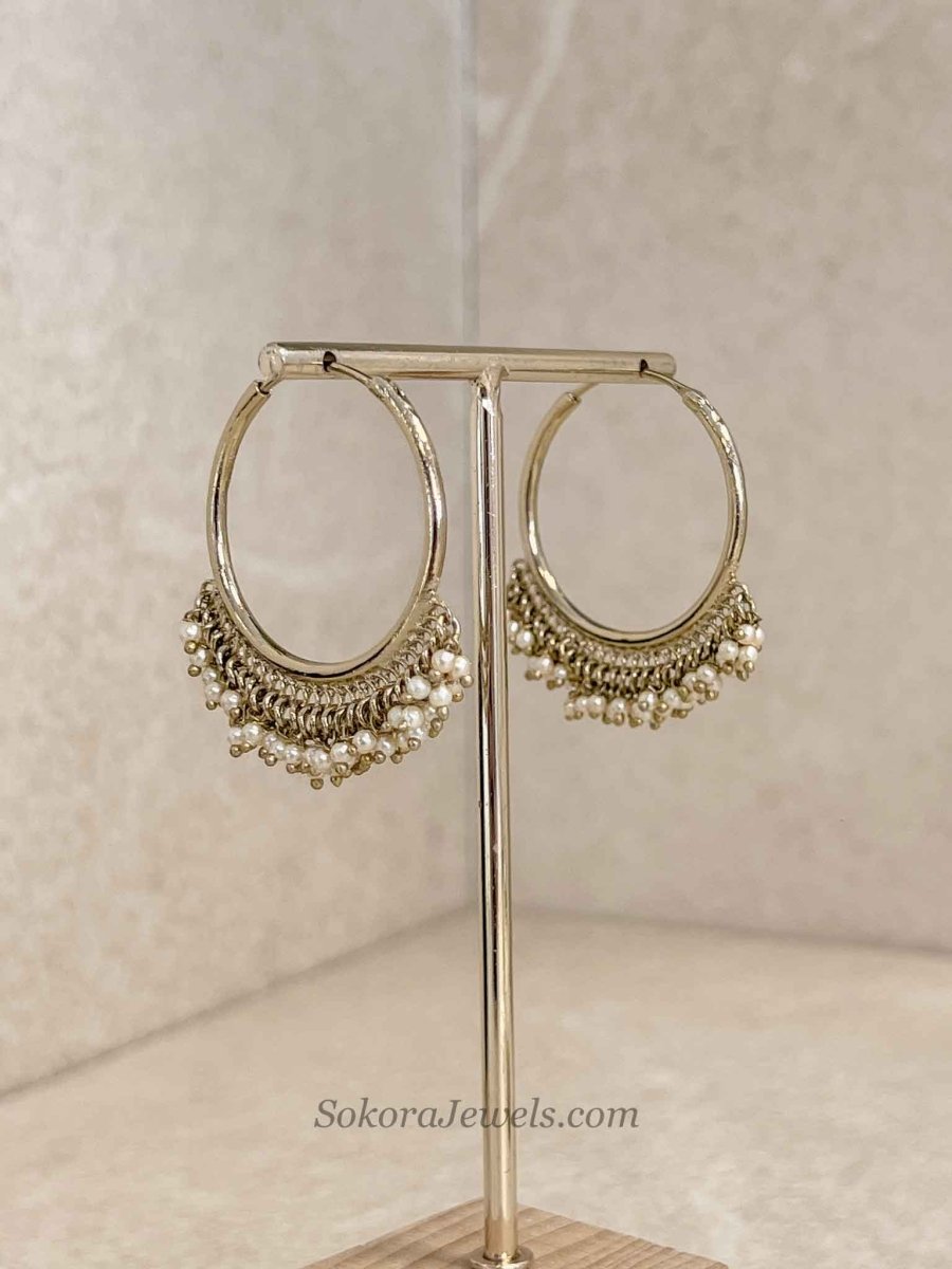 Antique Gold Pearl Hoop Earrings - SOKORA JEWELSAntique Gold Pearl Hoop Earrings
