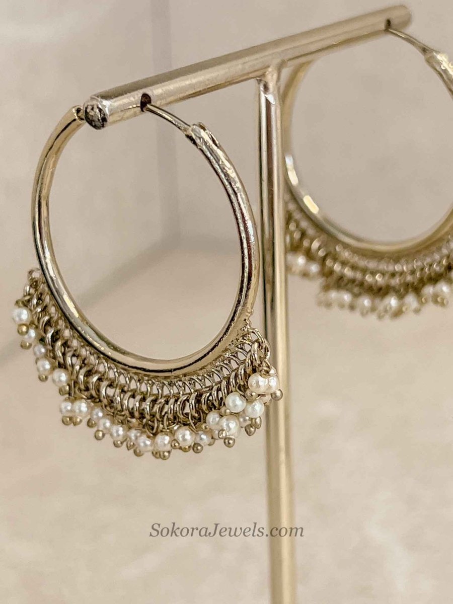 Antique Gold Pearl Hoop Earrings - SOKORA JEWELSAntique Gold Pearl Hoop Earrings