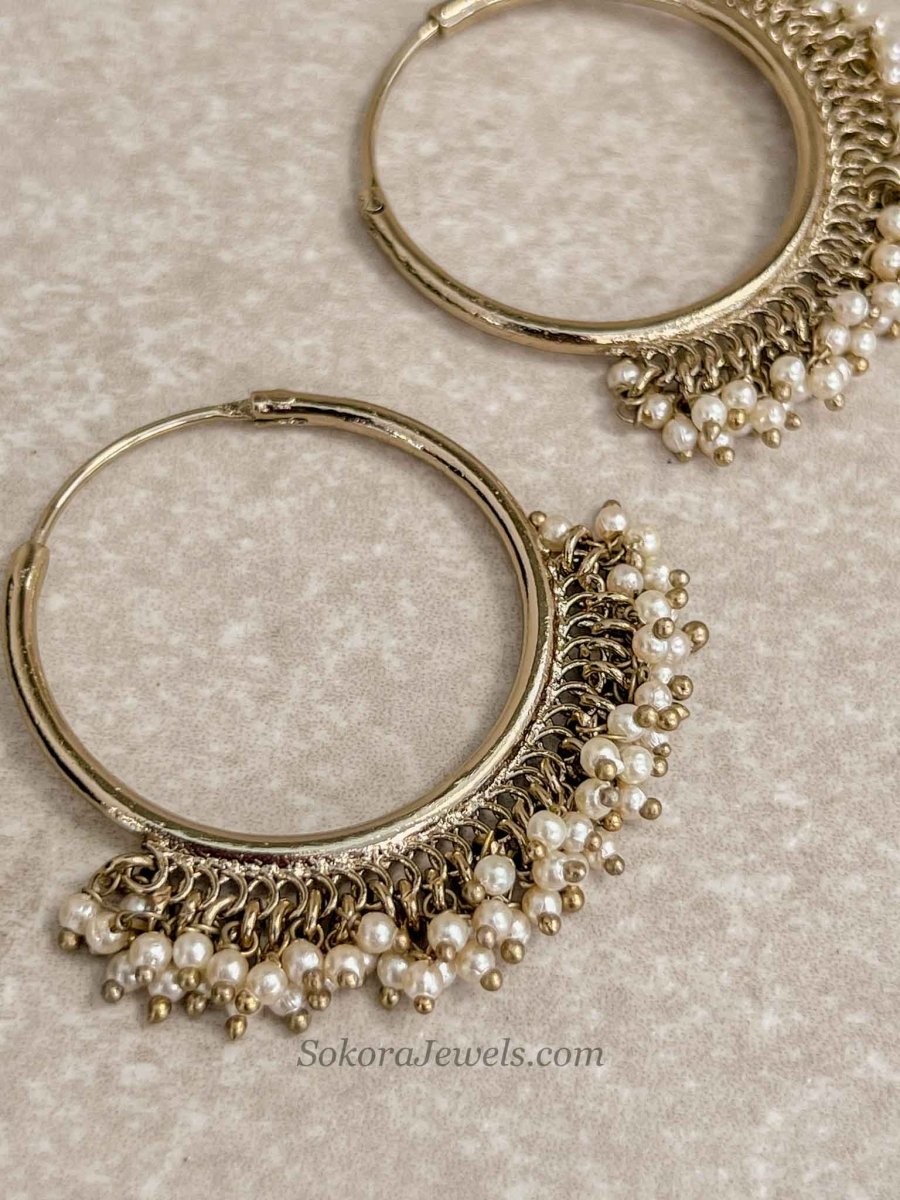 Antique Gold Pearl Hoop Earrings - SOKORA JEWELSAntique Gold Pearl Hoop Earrings