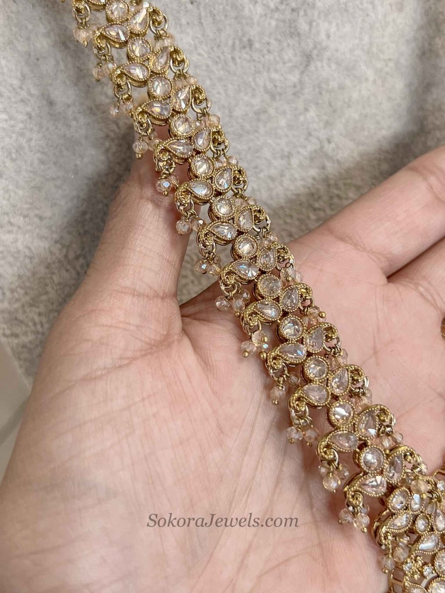 Antique Gold Pendant Long Necklace - Champagne Golden with Beads - SOKORA JEWELSAntique Gold Pendant Long Necklace - Champagne Golden with Beads