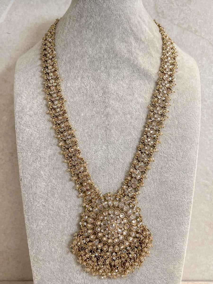 Antique Gold Pendant Long Necklace - Champagne Golden with Beads - SOKORA JEWELSAntique Gold Pendant Long Necklace - Champagne Golden with Beads