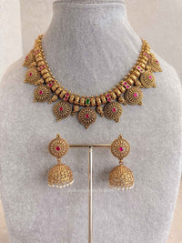 Antique Gold Temple Chakra Necklace Set with Jhumkas - SOKORA JEWELSAntique Gold Temple Chakra Necklace Set with Jhumkas