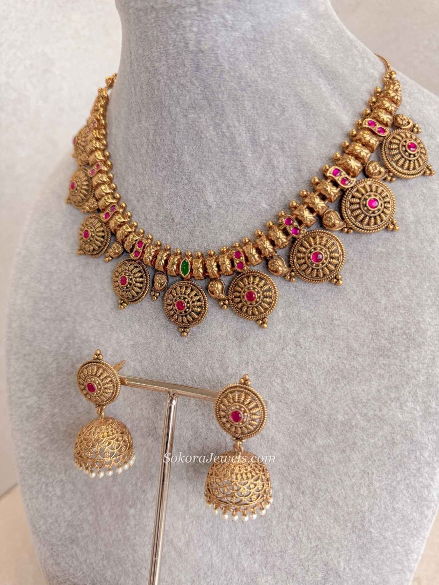 Antique Gold Temple Chakra Necklace Set with Jhumkas - SOKORA JEWELSAntique Gold Temple Chakra Necklace Set with Jhumkas