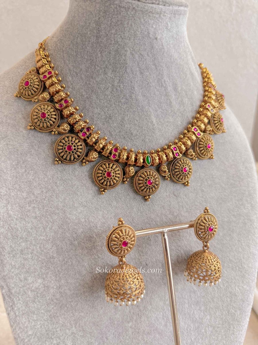 Antique Gold Temple Chakra Necklace Set with Jhumkas - SOKORA JEWELSAntique Gold Temple Chakra Necklace Set with Jhumkas