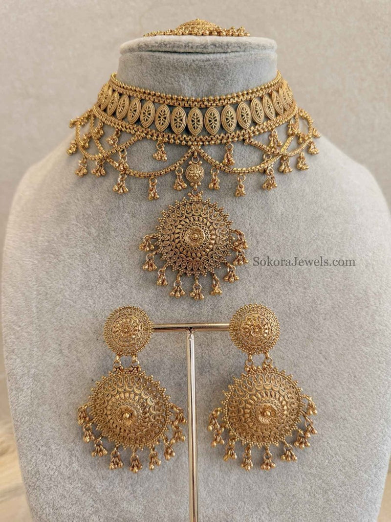 Antique Gold Temple Choker Set with Statement Earrings - SOKORA JEWELSAntique Gold Temple Choker Set with Statement Earrings