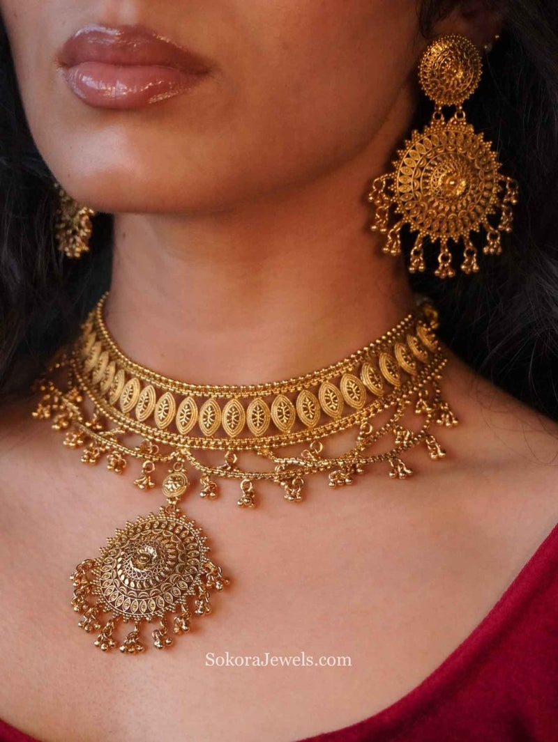Antique Gold Temple Choker Set with Statement Earrings - SOKORA JEWELSAntique Gold Temple Choker Set with Statement Earrings