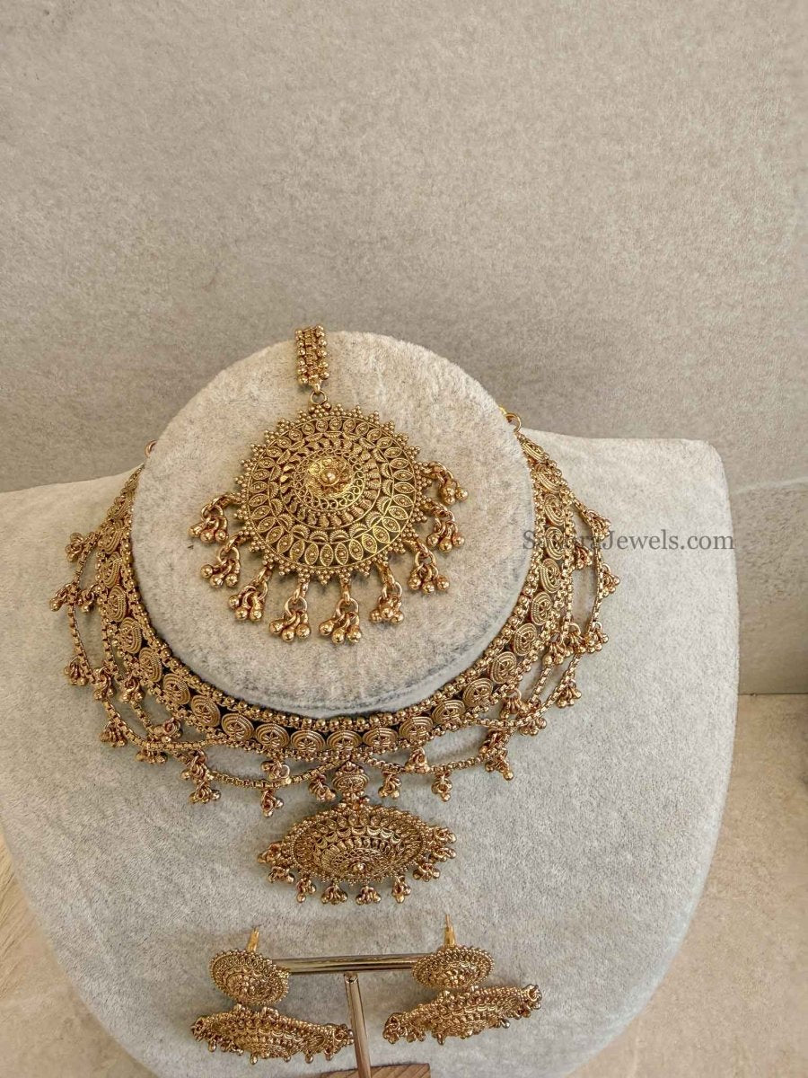 Antique Gold Temple Choker Set with Statement Earrings - SOKORA JEWELSAntique Gold Temple Choker Set with Statement Earrings