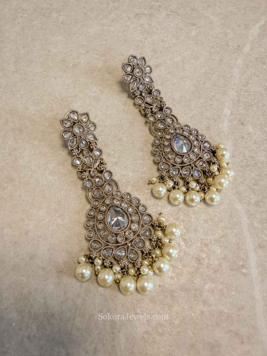 Antique Gold,Zircon & Pearl Statement Drop Earrings - SOKORA JEWELSAntique Gold,Zircon & Pearl Statement Drop Earrings