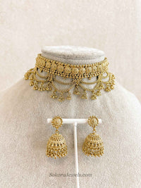 Antique Layered Temple Choker Set with Jhumka Earrings - SOKORA JEWELSAntique Layered Temple Choker Set with Jhumka EarringsNECKLACE SETS