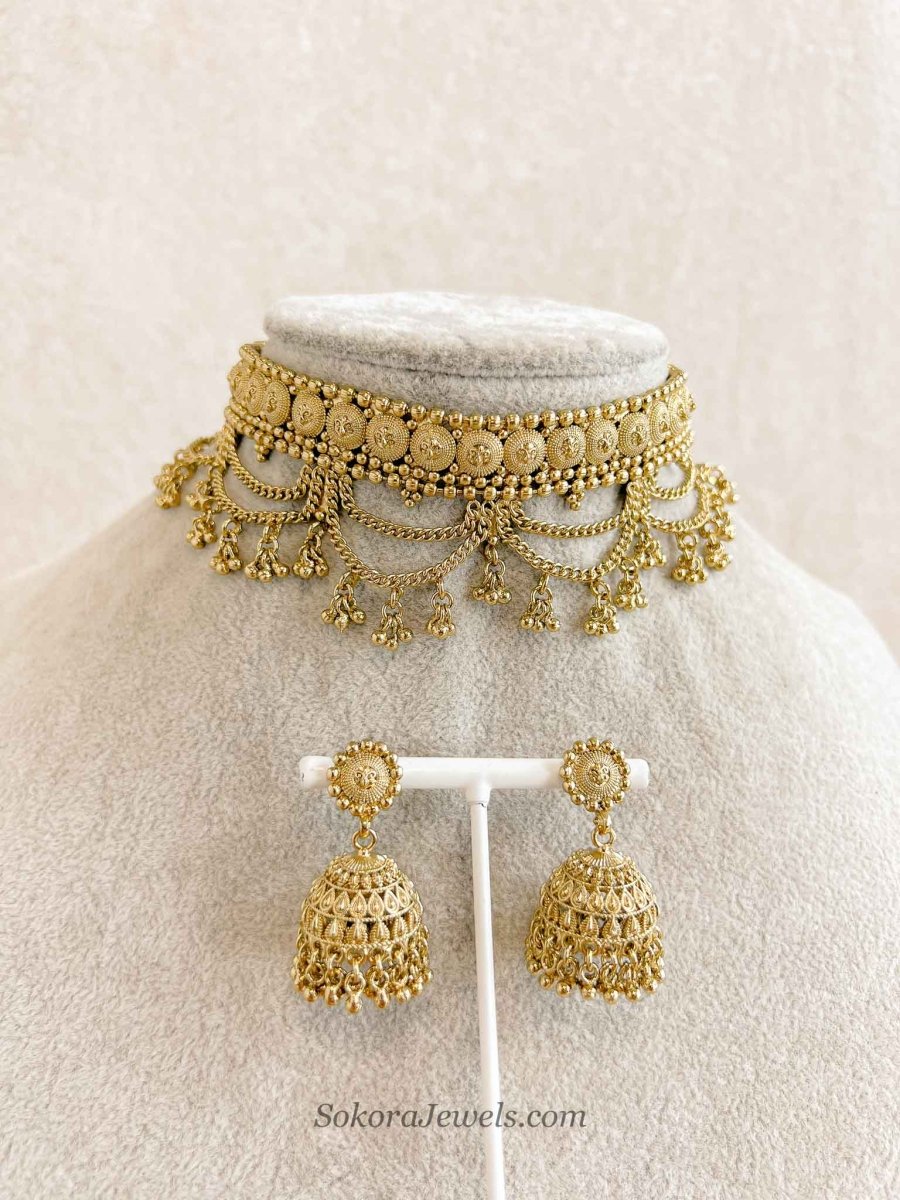 Antique Layered Temple Choker Set with Jhumka Earrings - SOKORA JEWELSAntique Layered Temple Choker Set with Jhumka EarringsNECKLACE SETS