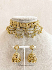 Antique Layered Temple Choker Set with Jhumka Earrings - SOKORA JEWELSAntique Layered Temple Choker Set with Jhumka EarringsNECKLACE SETS