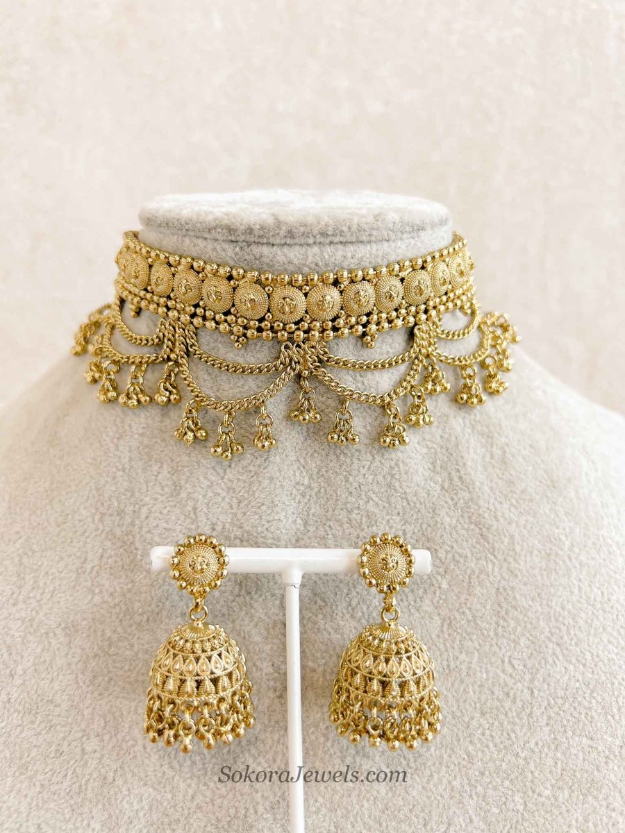 Antique Layered Temple Choker Set with Jhumka Earrings - SOKORA JEWELSAntique Layered Temple Choker Set with Jhumka EarringsNECKLACE SETS