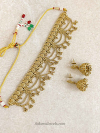 Antique Layered Temple Choker Set with Jhumka Earrings - SOKORA JEWELSAntique Layered Temple Choker Set with Jhumka EarringsNECKLACE SETS