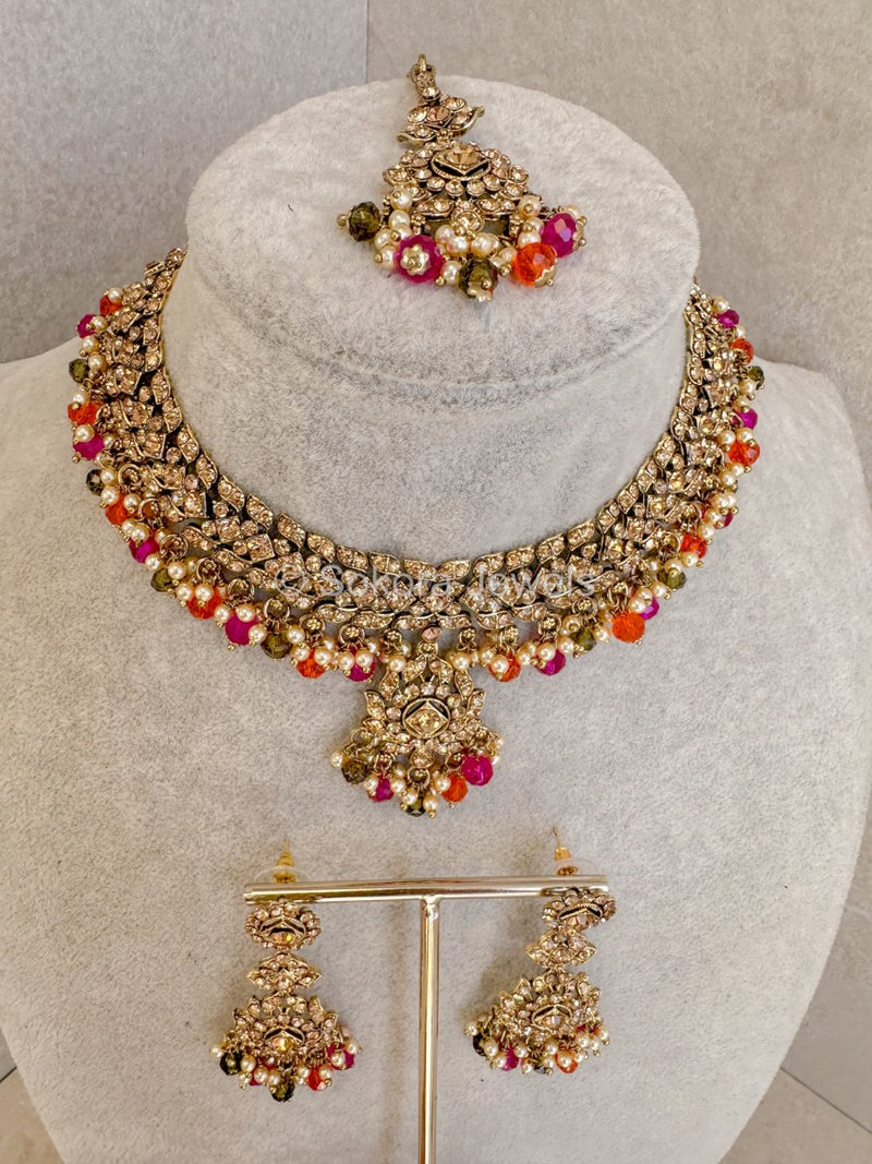 Areesha Antique Gold Pendant Set - Multicolour - SOKORA JEWELSAreesha Antique Gold Pendant Set - Multicolour