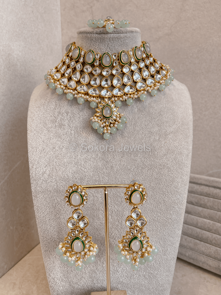 Areli Faux Kundan Necklace Set - Mint - SOKORA JEWELSAreli Faux Kundan Necklace Set - Mint