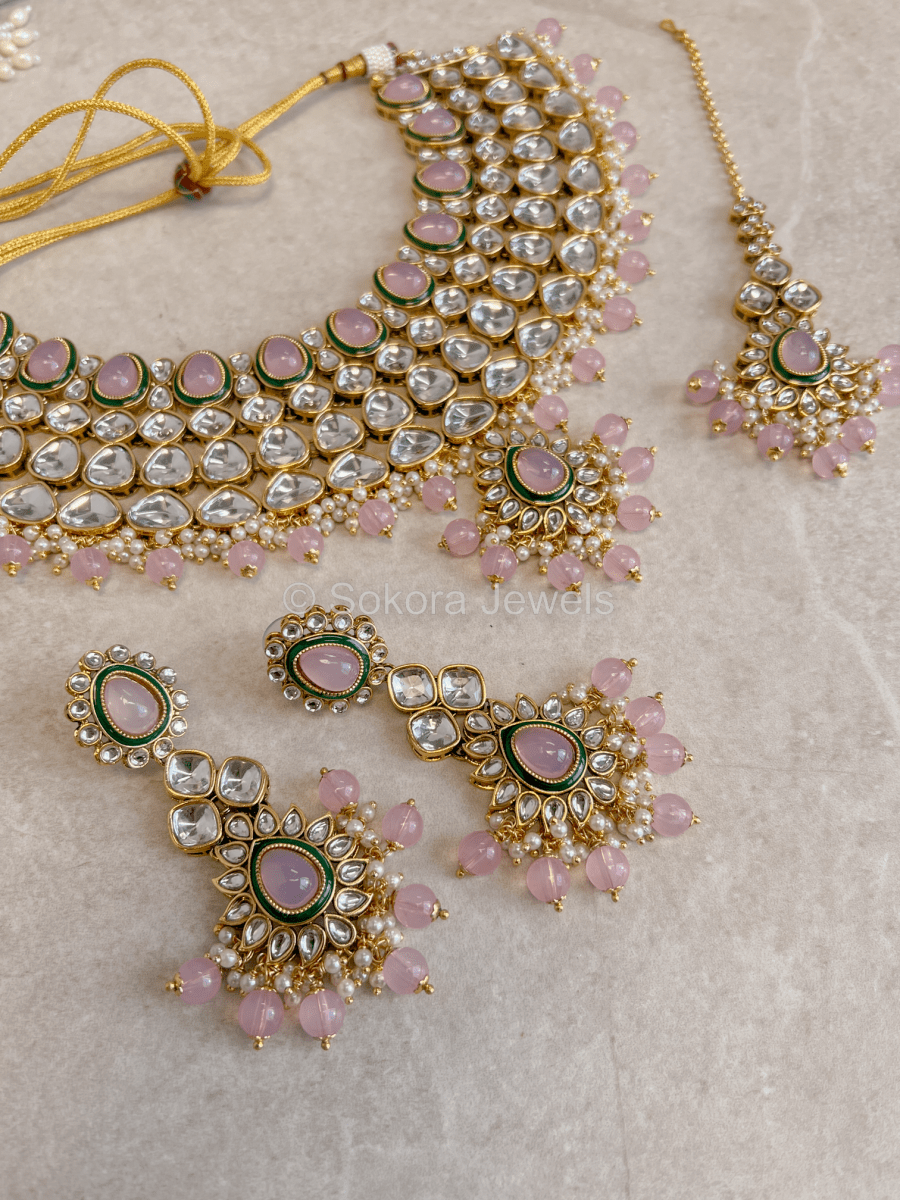 Areli Faux Kundan Necklace Set - Pink - SOKORA JEWELSAreli Faux Kundan Necklace Set - Pink